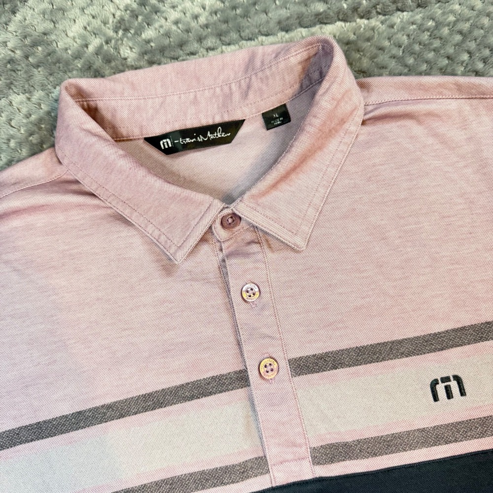 TravisMathew Mens XL Polo Shirt Pink Charcoal Grey Colorblock Striped Golf Top